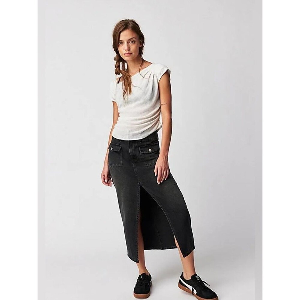 Free People Madison Midi Skirt in a faded black wash Size 29